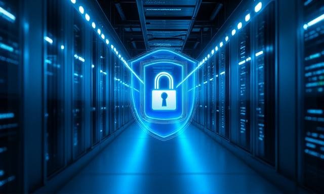 Modern futuristic server room with holographic security locks