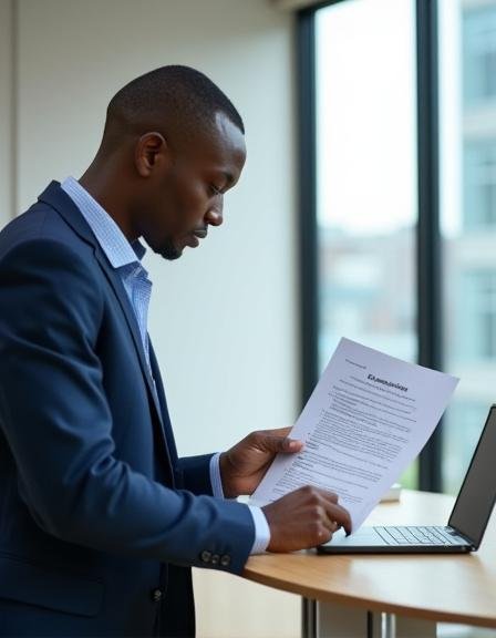 Business professional reviewing regulatory documentation in a modern office