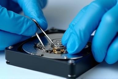 Forensic laboratory with analyst examining hardware